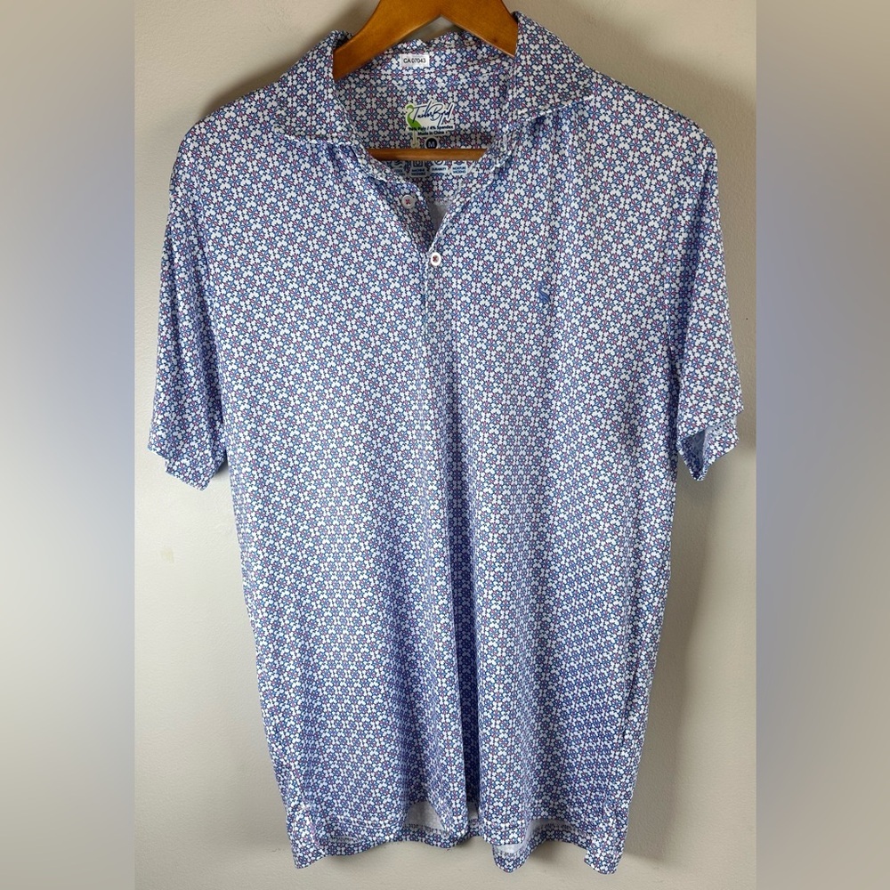 Tailorbyrd Mens Golf Polo Shirt M Blue White Geometric Performance SPF 30 NWOT